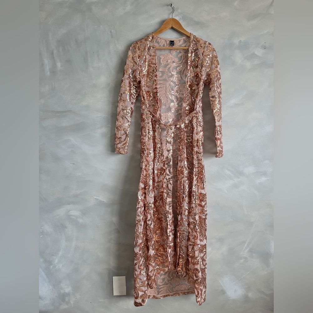 Kimono Rose Gold Sequin Applique Long Sleeve Mesh Cardigan Open Frnt Duster OS